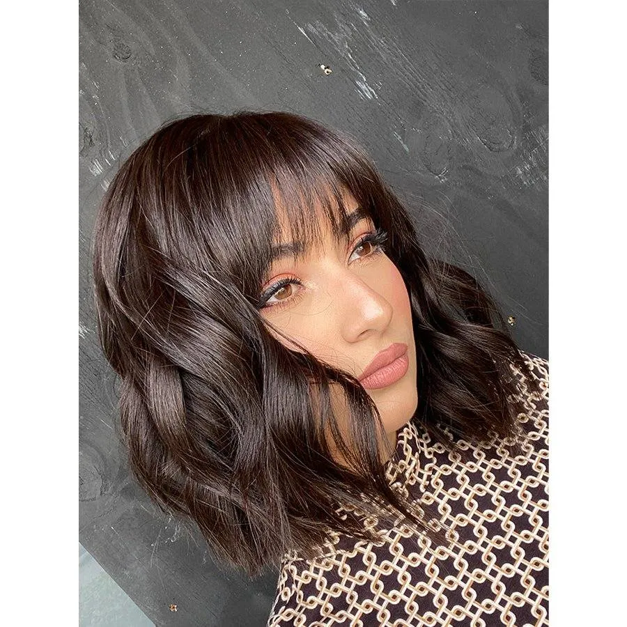 16" Luxe Silk Top Wig #4 Dark Brown Wavy w/ Wispy Bangs
