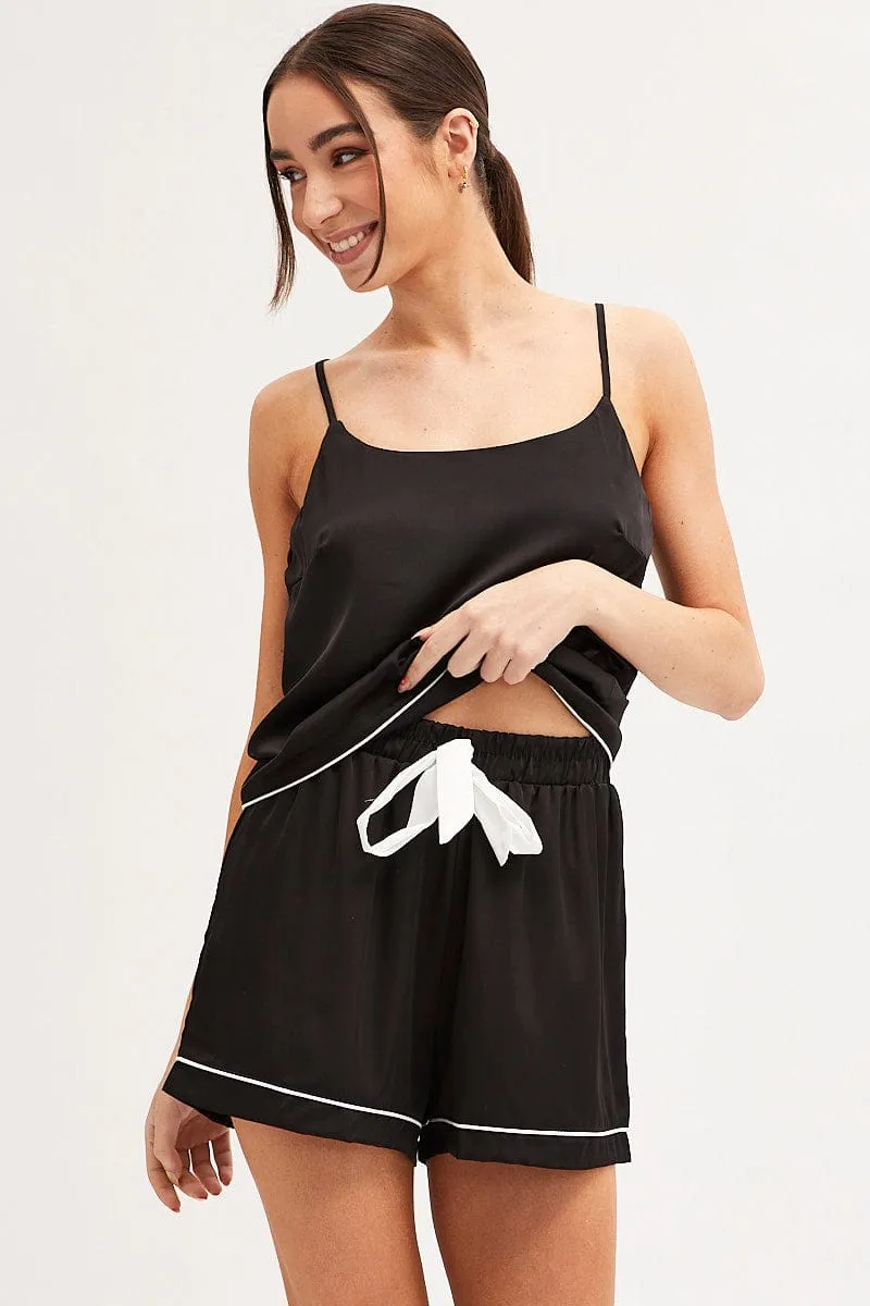 Black Pyjamas Set Scoop Neck Cami Top & Shorts Satin