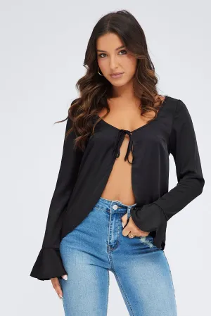 Black Tie Front Top Long Sleeve Scoop Neck Satin