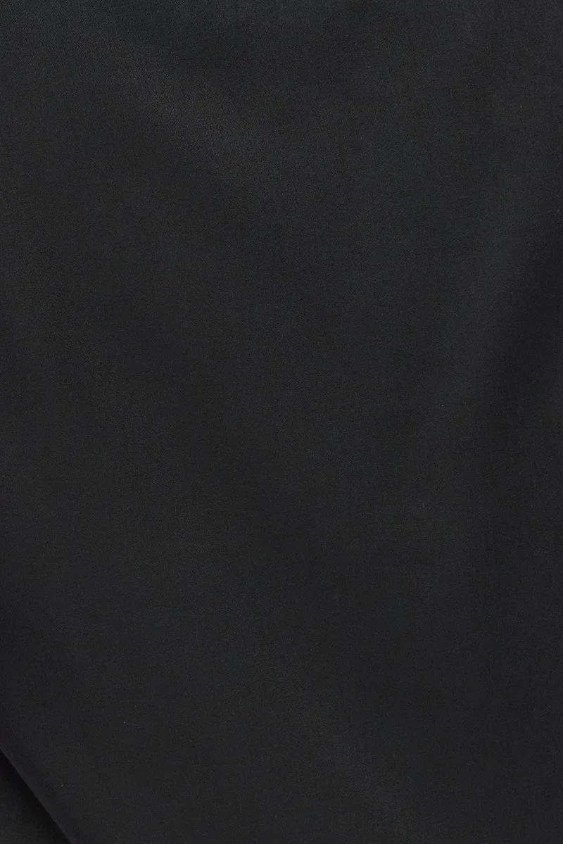 Black Tie Front Top Long Sleeve Scoop Neck Satin