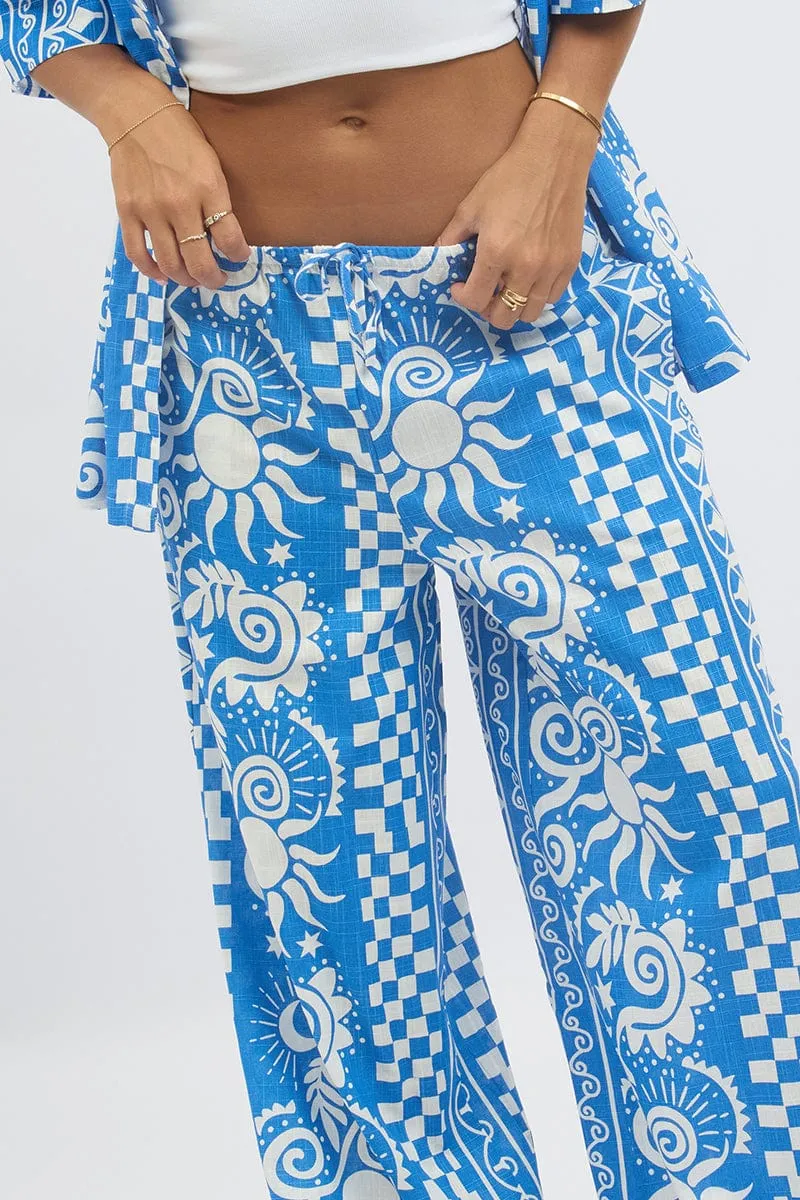 Blue Abstract Wide Leg Pants High Rise