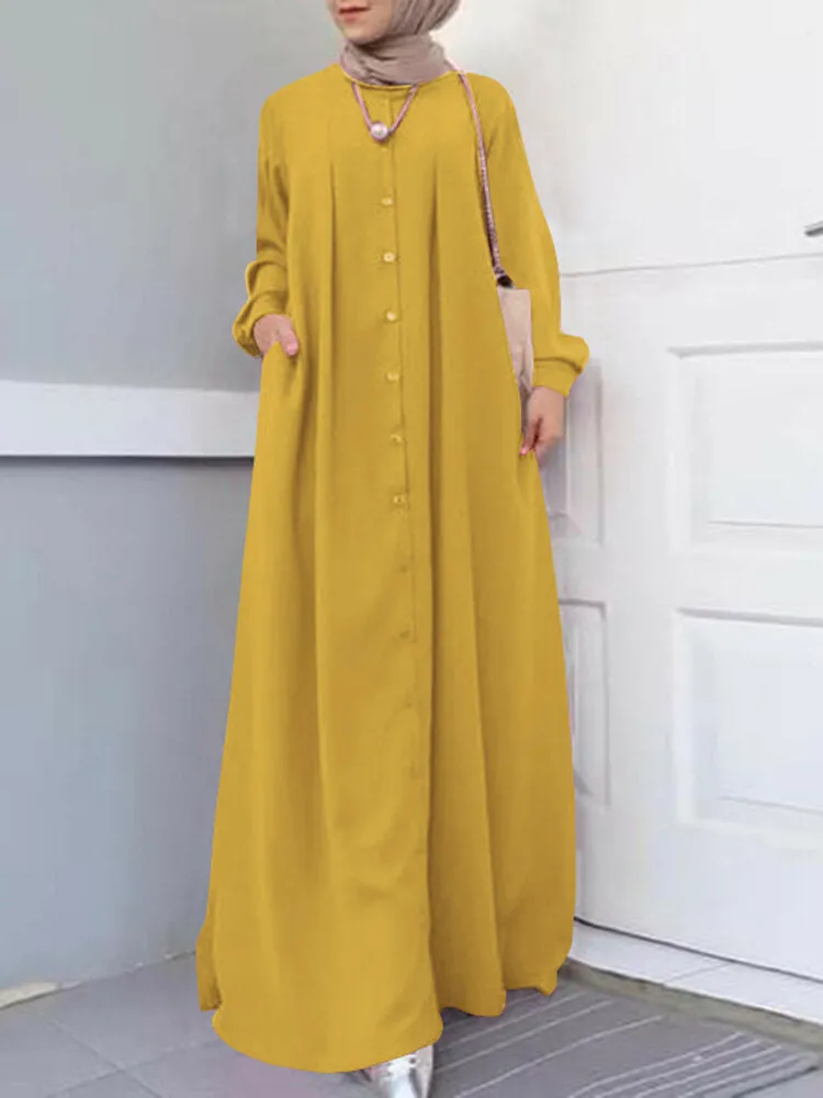 Button Front Kaftan Robe Long Sleeve Shirt Pocket Women Maxi Dress