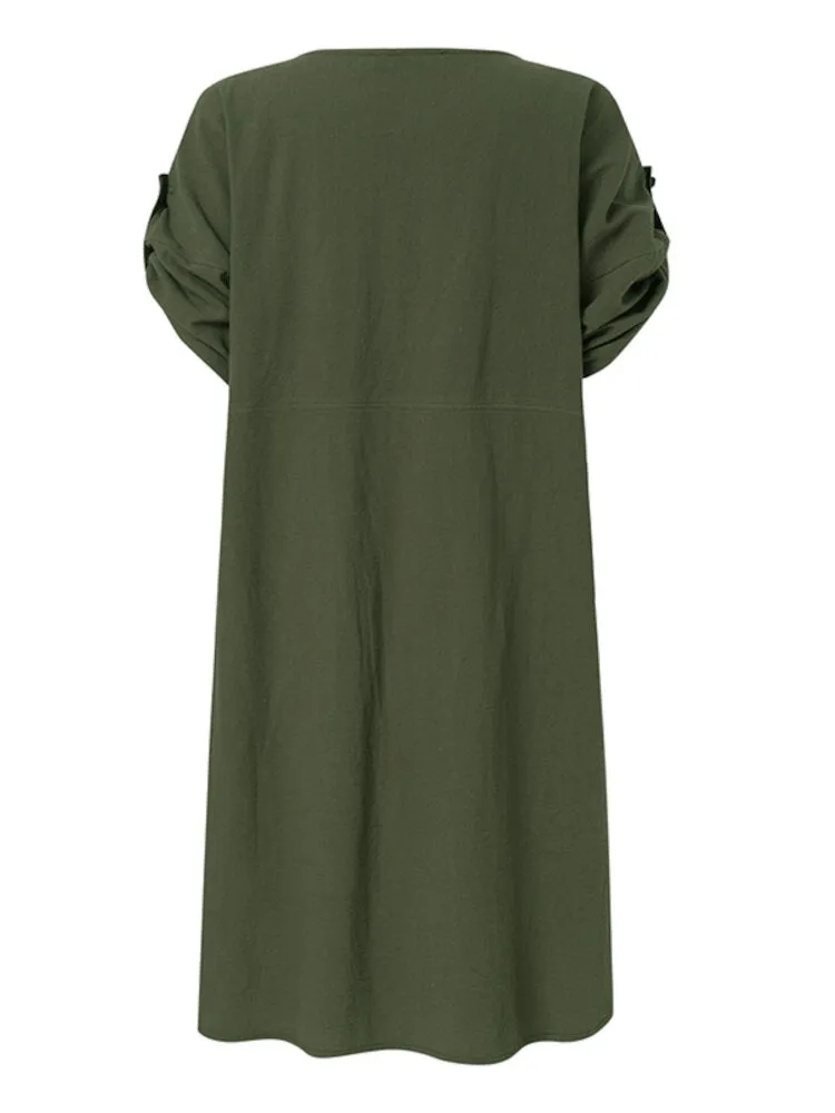 Casual Plain V-neck Short Sleeve Split Hem Irregular Cotton Solid Pocket Women Midi Dress