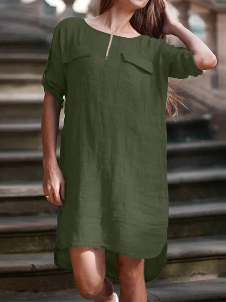 Casual Plain V-neck Short Sleeve Split Hem Irregular Cotton Solid Pocket Women Midi Dress