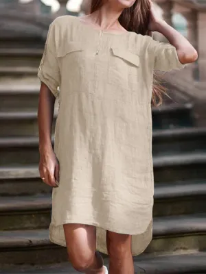 Casual Plain V-neck Short Sleeve Split Hem Irregular Cotton Solid Pocket Women Midi Dress