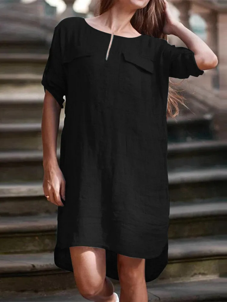 Casual Plain V-neck Short Sleeve Split Hem Irregular Cotton Solid Pocket Women Midi Dress