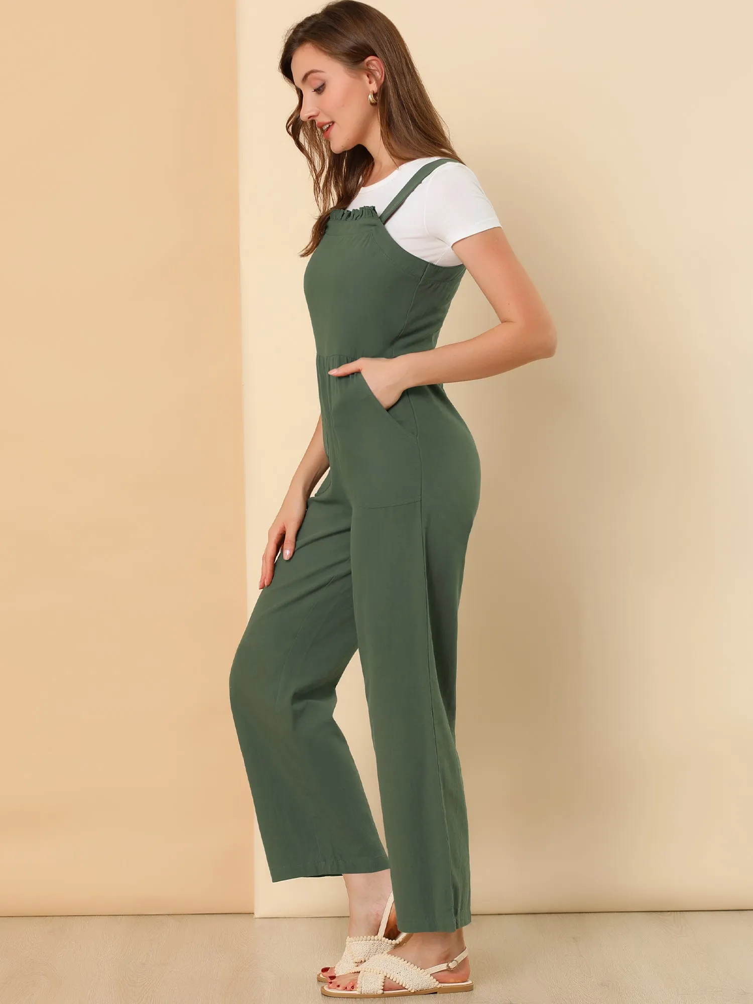 Cotton Casual Vintage Pockets Wide Leg Overalls Jumpsuit