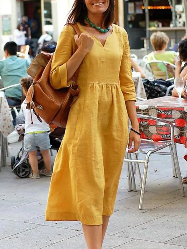 Cotton Pure Color V-neck 3/4 Sleeve Simple Slender Casual Fit Women Midi Dress