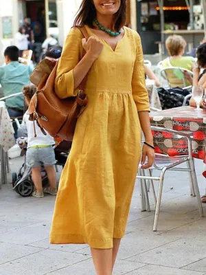 Cotton Pure Color V-neck 3/4 Sleeve Simple Slender Casual Fit Women Midi Dress