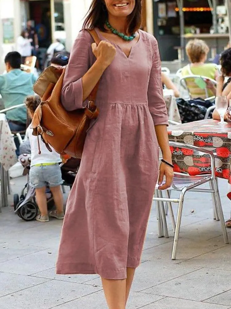 Cotton Pure Color V-neck 3/4 Sleeve Simple Slender Casual Fit Women Midi Dress