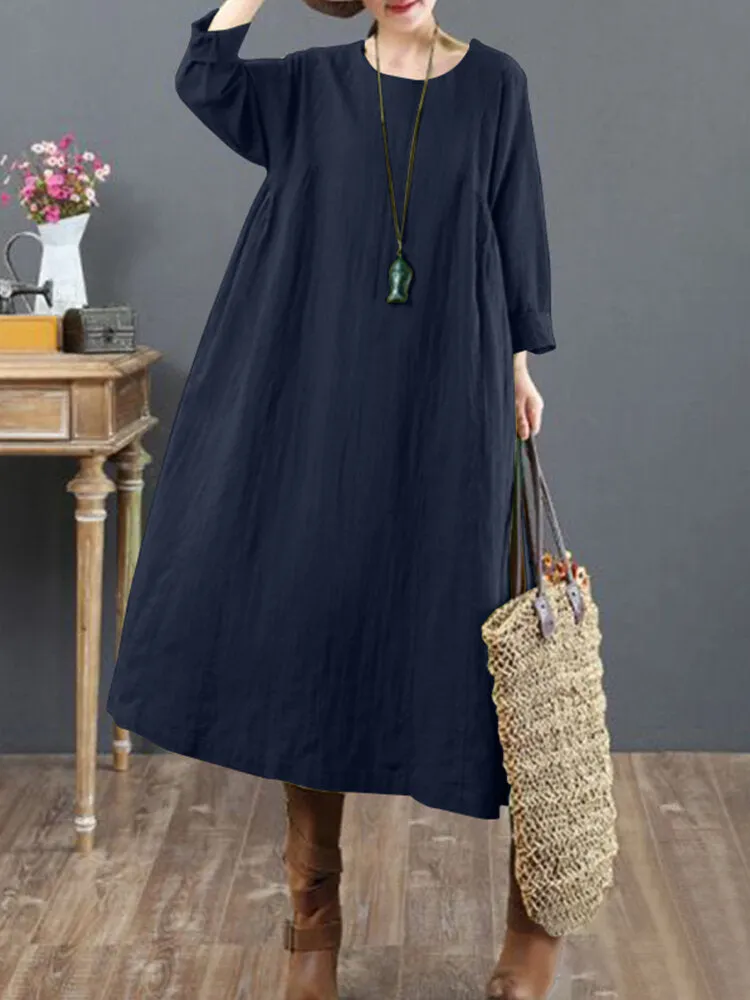 Cotton Solid Tie Back Round Neck Long Sleeve Casual Women Midi Dress