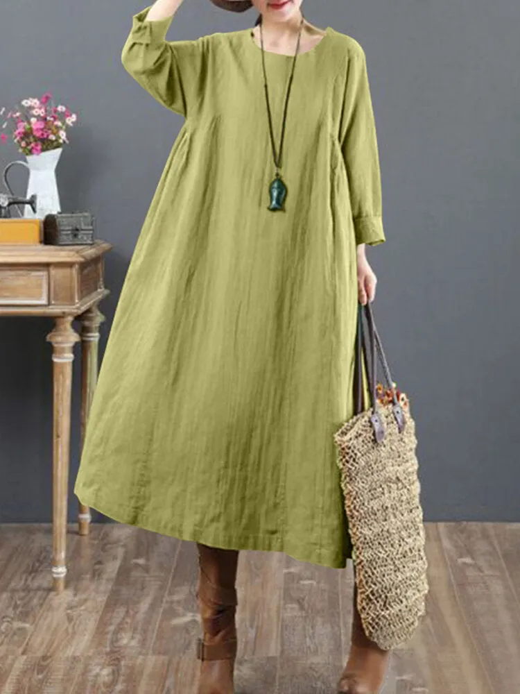 Cotton Solid Tie Back Round Neck Long Sleeve Casual Women Midi Dress