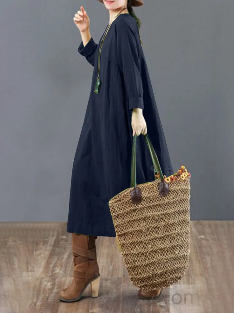 Cotton Solid Tie Back Round Neck Long Sleeve Casual Women Midi Dress