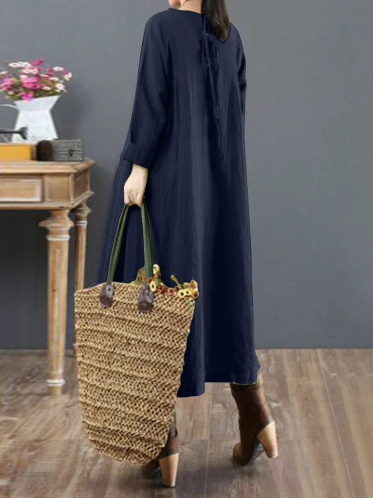 Cotton Solid Tie Back Round Neck Long Sleeve Casual Women Midi Dress