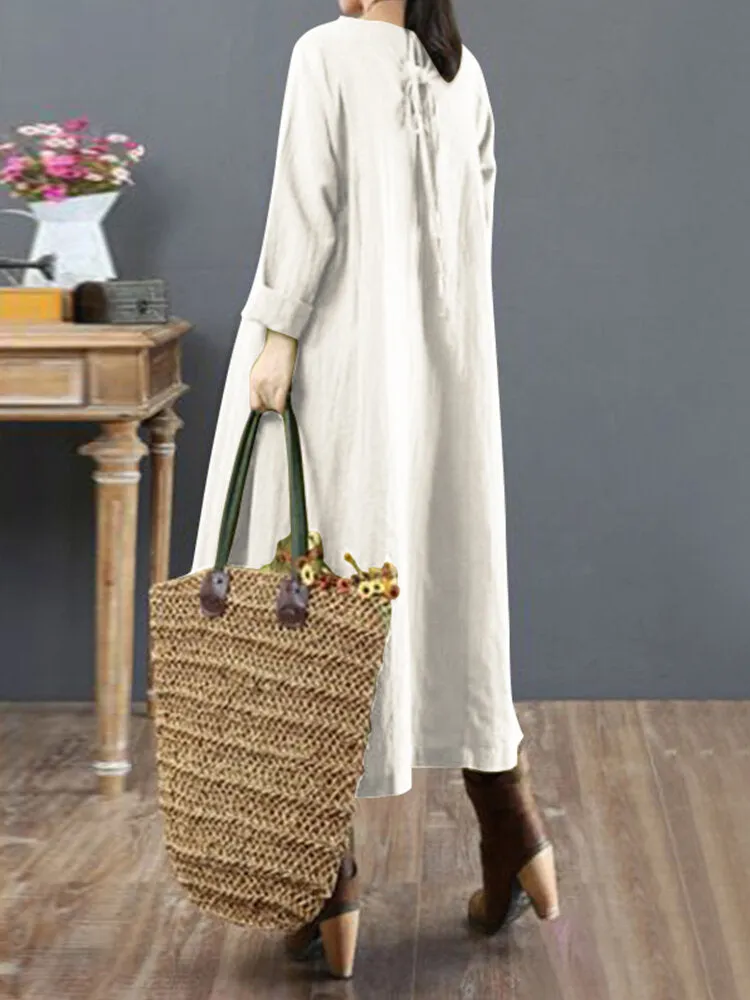 Cotton Solid Tie Back Round Neck Long Sleeve Casual Women Midi Dress