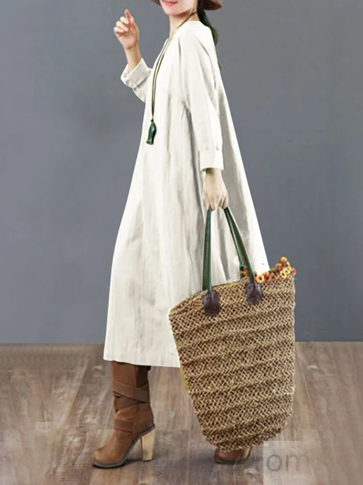 Cotton Solid Tie Back Round Neck Long Sleeve Casual Women Midi Dress