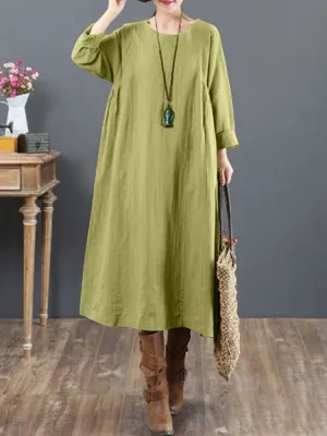 Cotton Solid Tie Back Round Neck Long Sleeve Casual Women Midi Dress