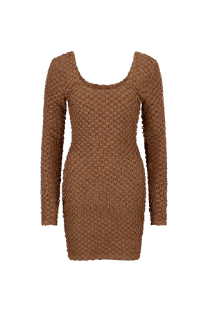 CURAAE Avery Long Sleeve Textured Fitted Scoop Mini Dress In Brown