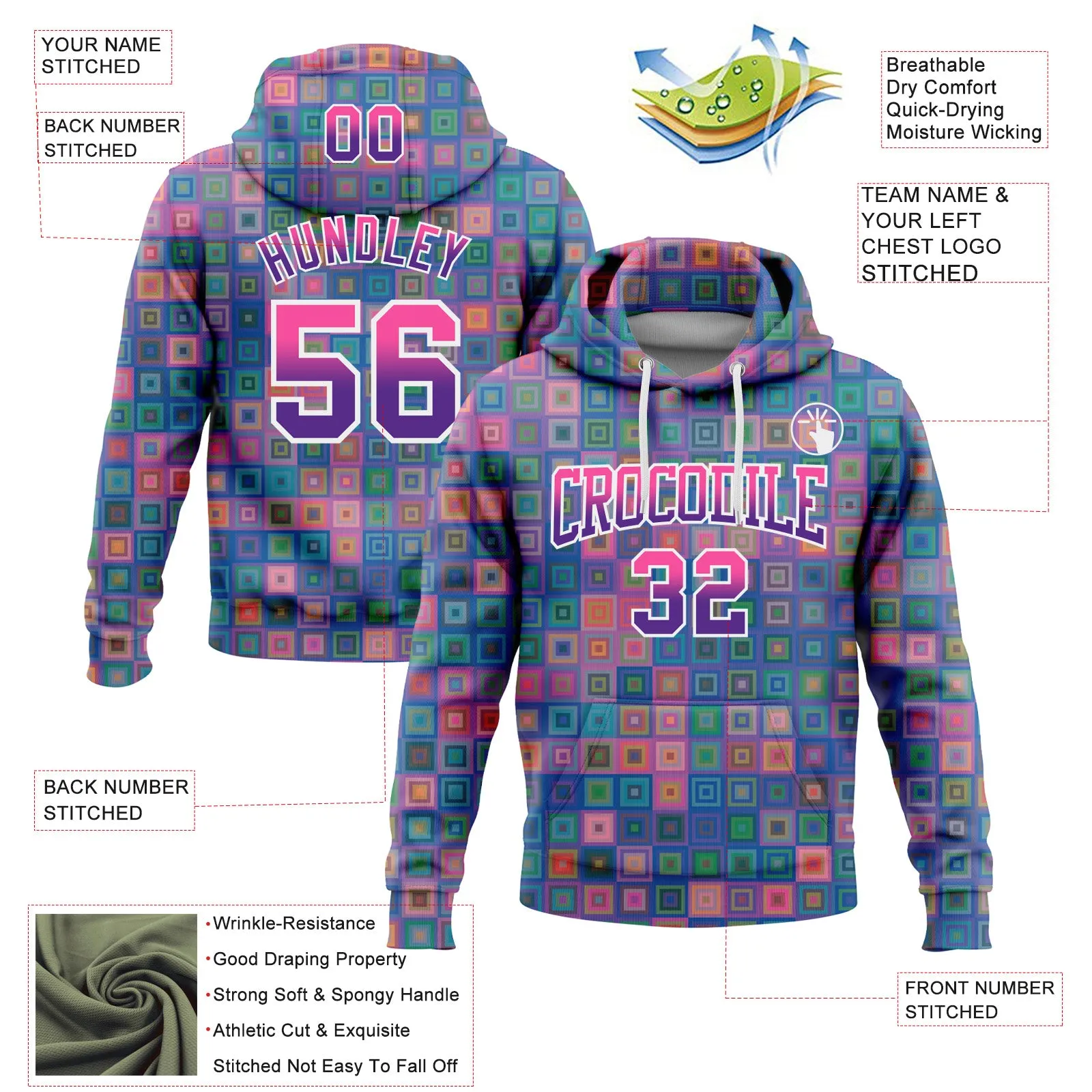 Custom Stitched Royal Pink-Purple 3D Pattern Design Geometric GradientSquare Shapes Sports Pullover Sweatshirt Hoodie