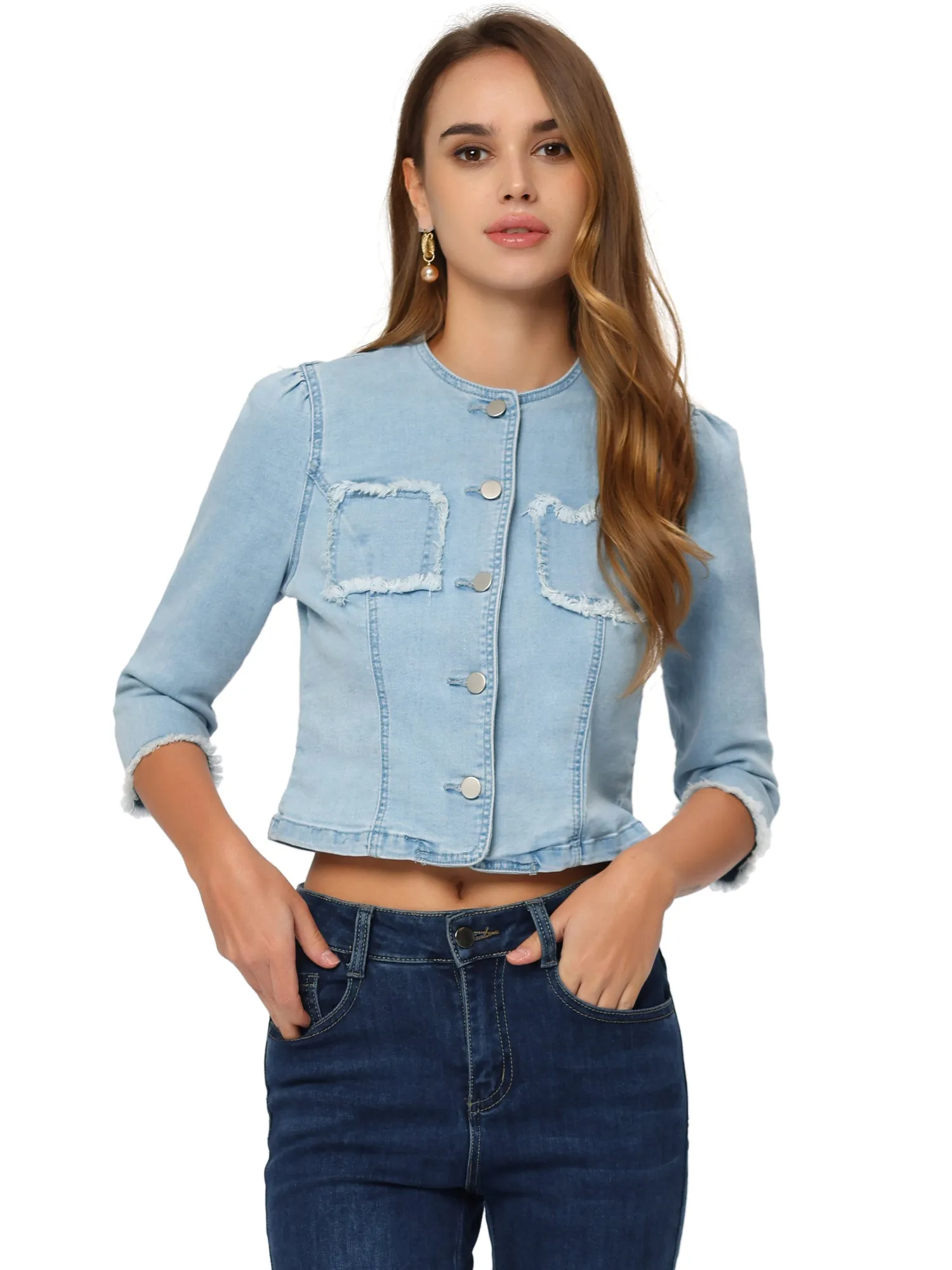 Denim 3/4 Sleeves Frayed Casual Collarless Cropped Jean Jacket