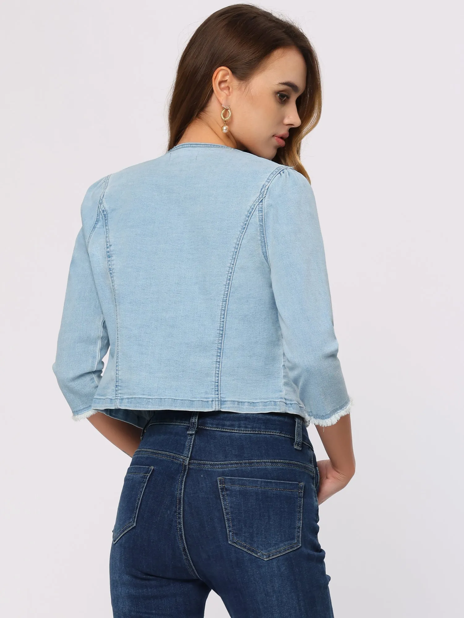 Denim 3/4 Sleeves Frayed Casual Collarless Cropped Jean Jacket