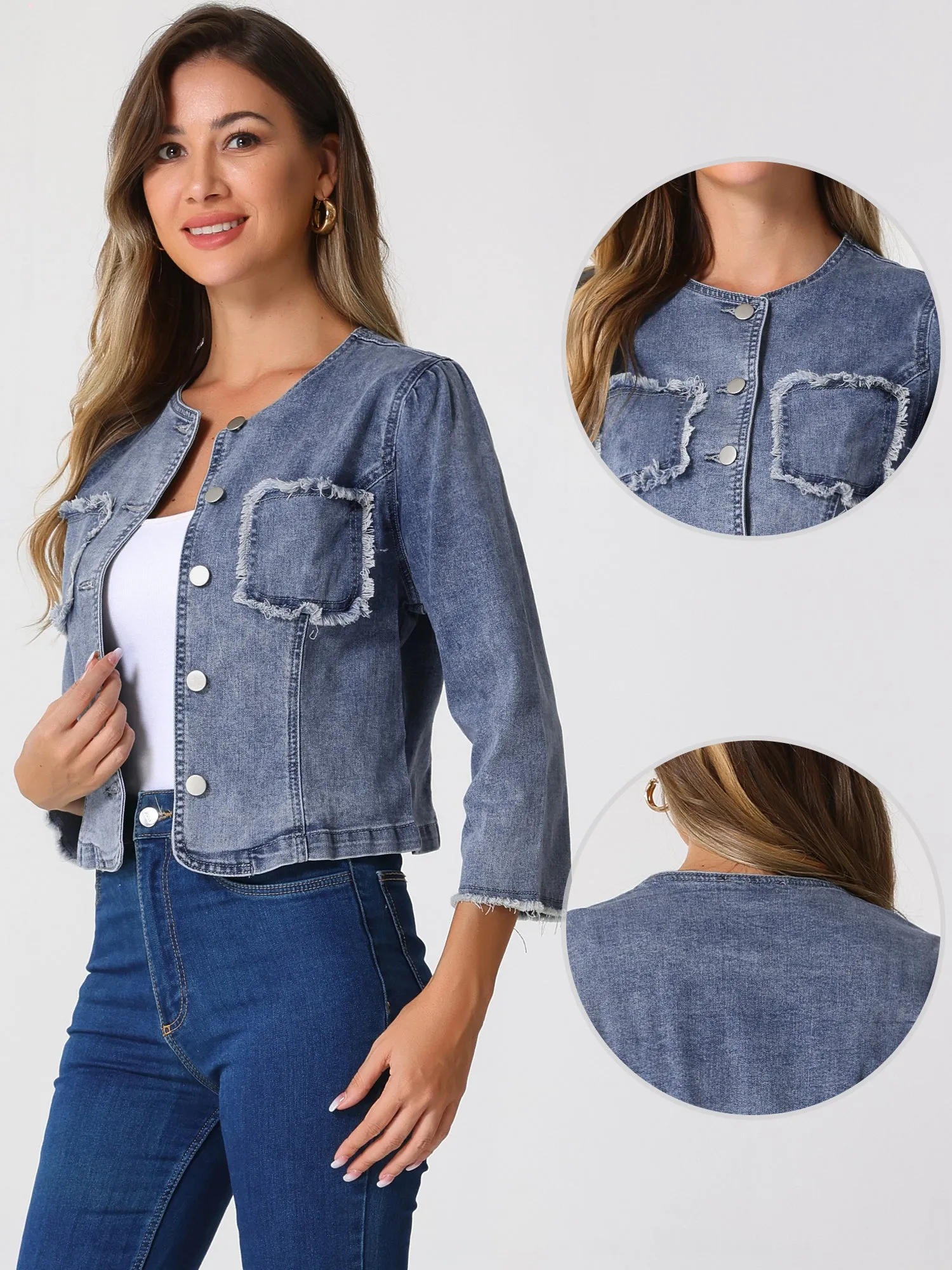 Denim 3/4 Sleeves Frayed Casual Collarless Cropped Jean Jacket