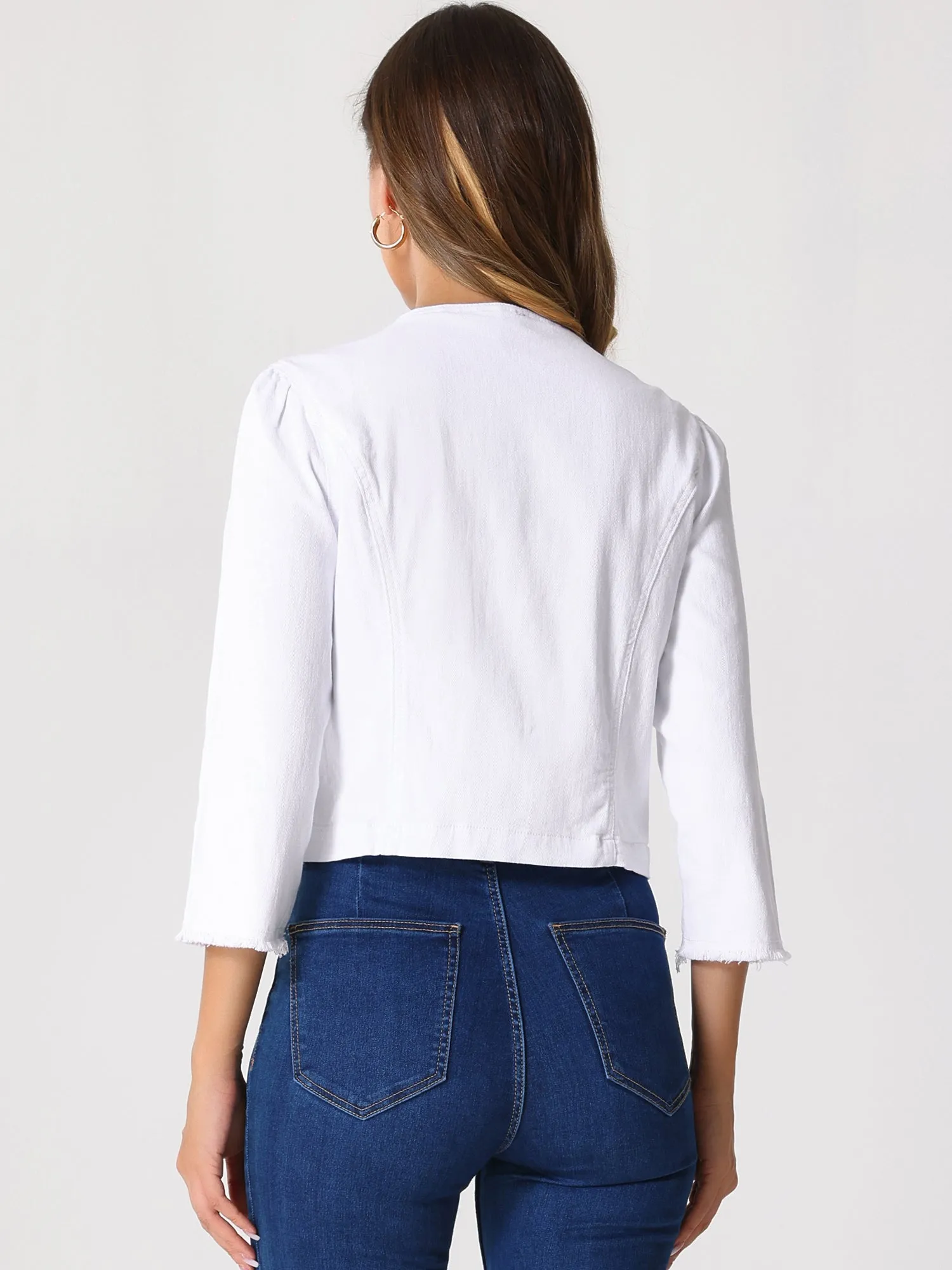 Denim 3/4 Sleeves Frayed Casual Collarless Cropped Jean Jacket