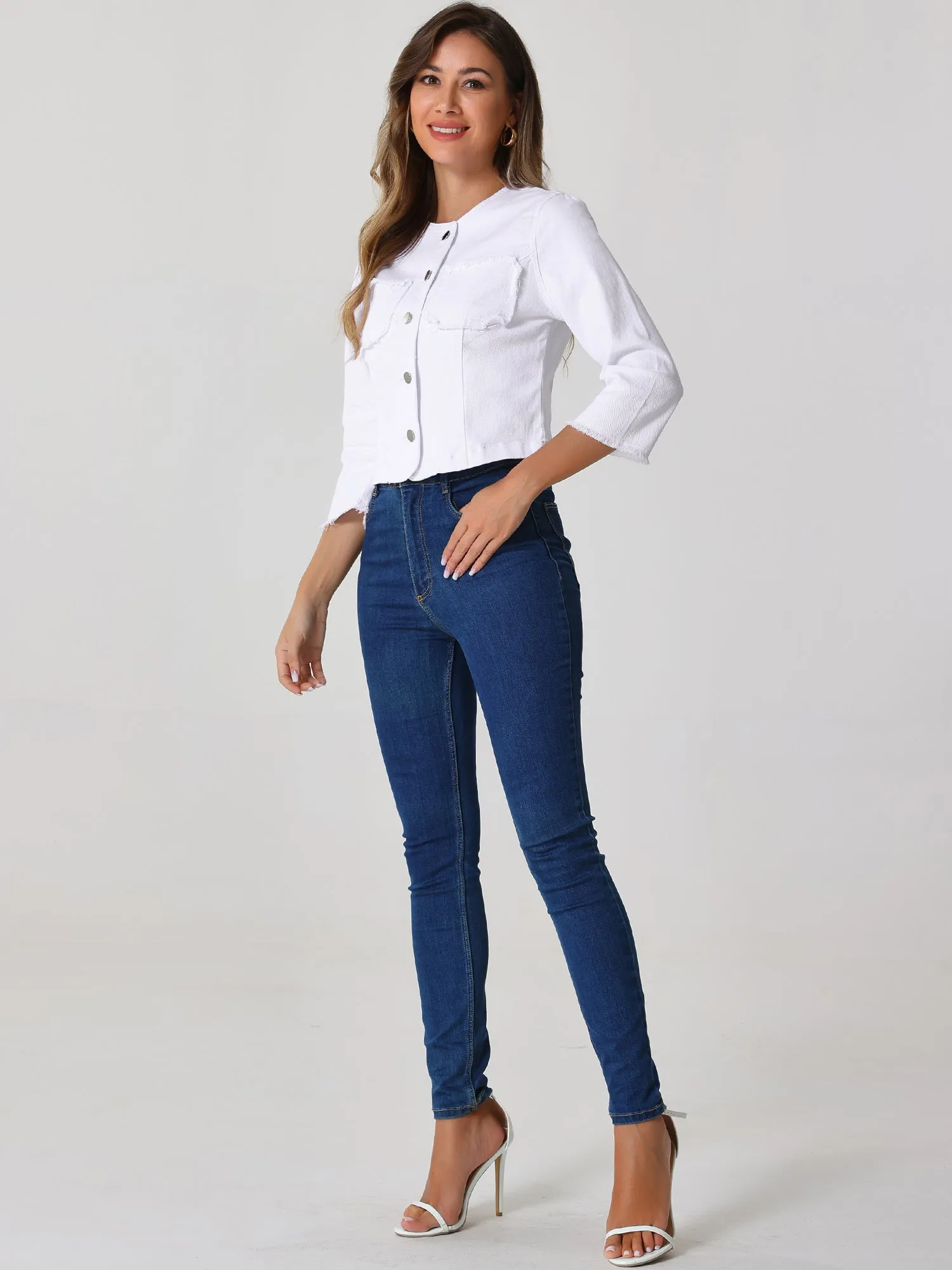Denim 3/4 Sleeves Frayed Casual Collarless Cropped Jean Jacket