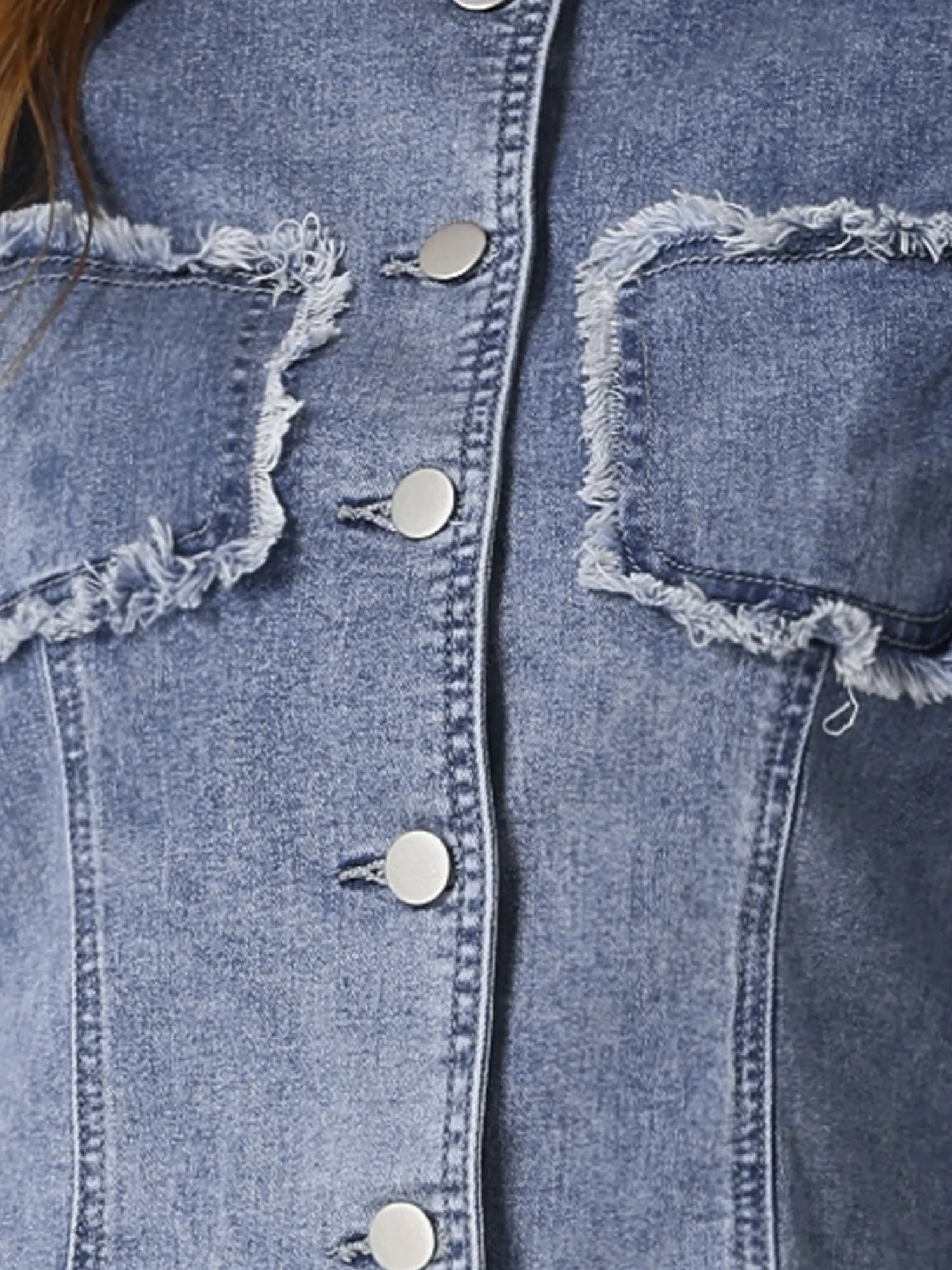 Denim 3/4 Sleeves Frayed Casual Collarless Cropped Jean Jacket