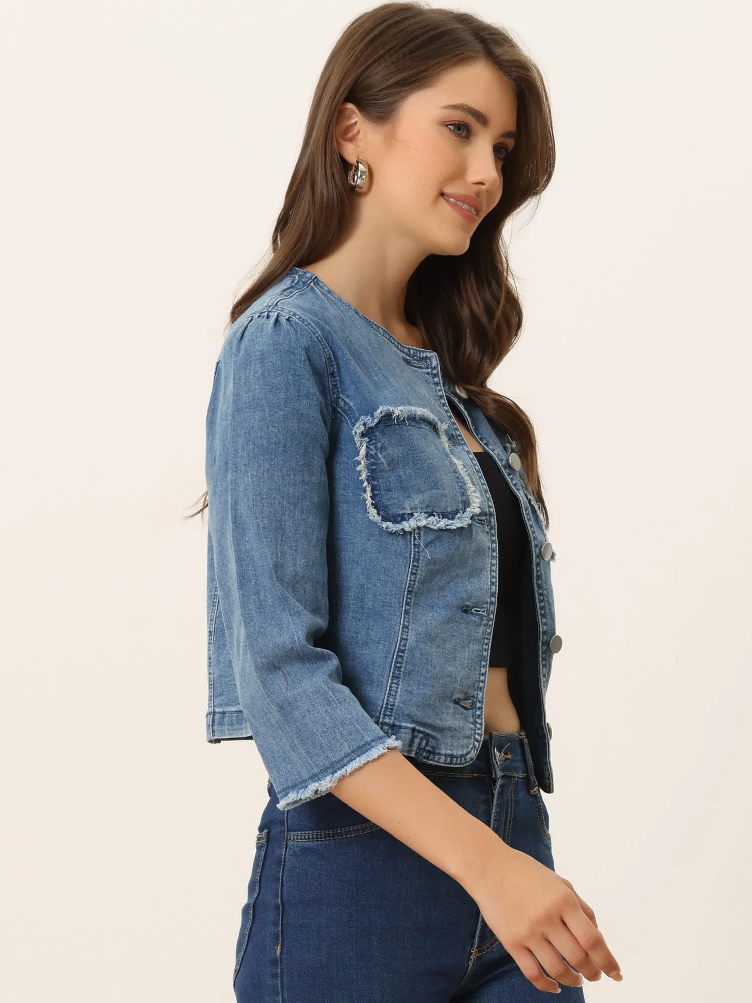 Denim 3/4 Sleeves Frayed Casual Collarless Cropped Jean Jacket