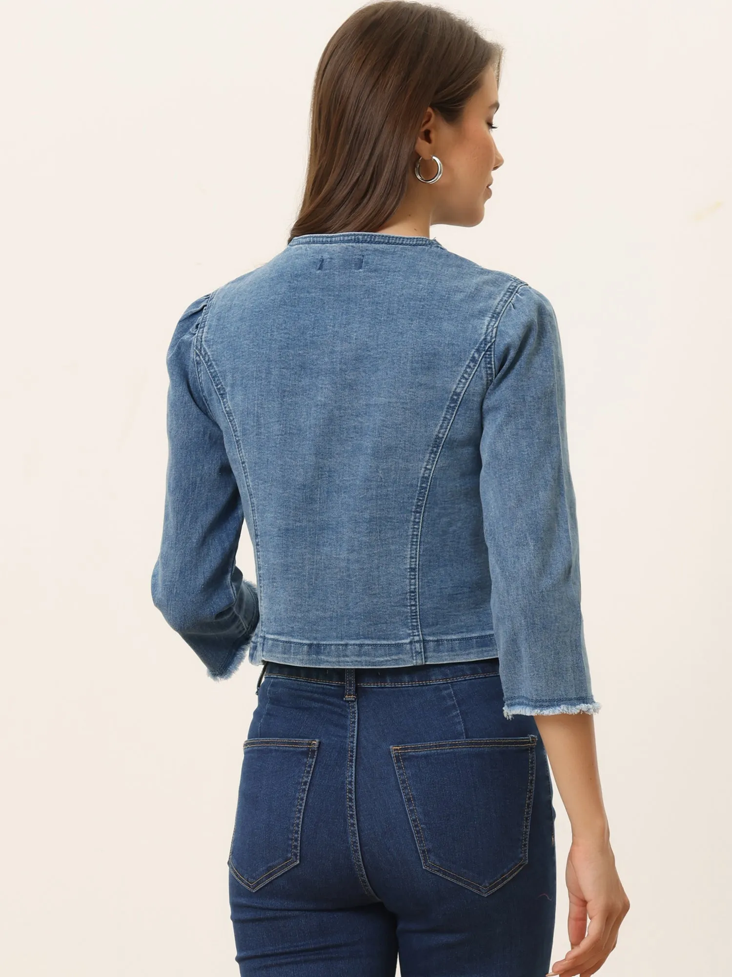 Denim 3/4 Sleeves Frayed Casual Collarless Cropped Jean Jacket