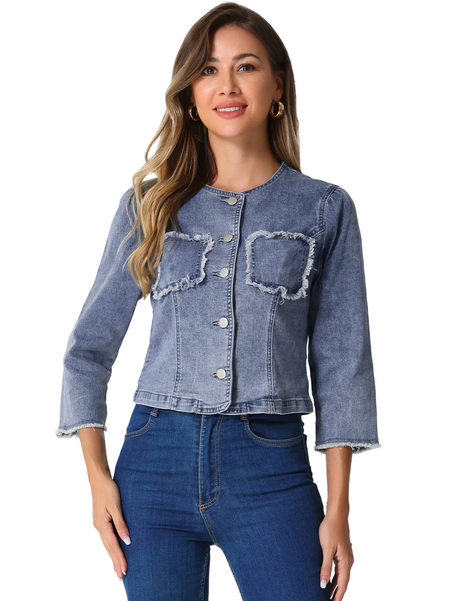 Denim 3/4 Sleeves Frayed Casual Collarless Cropped Jean Jacket
