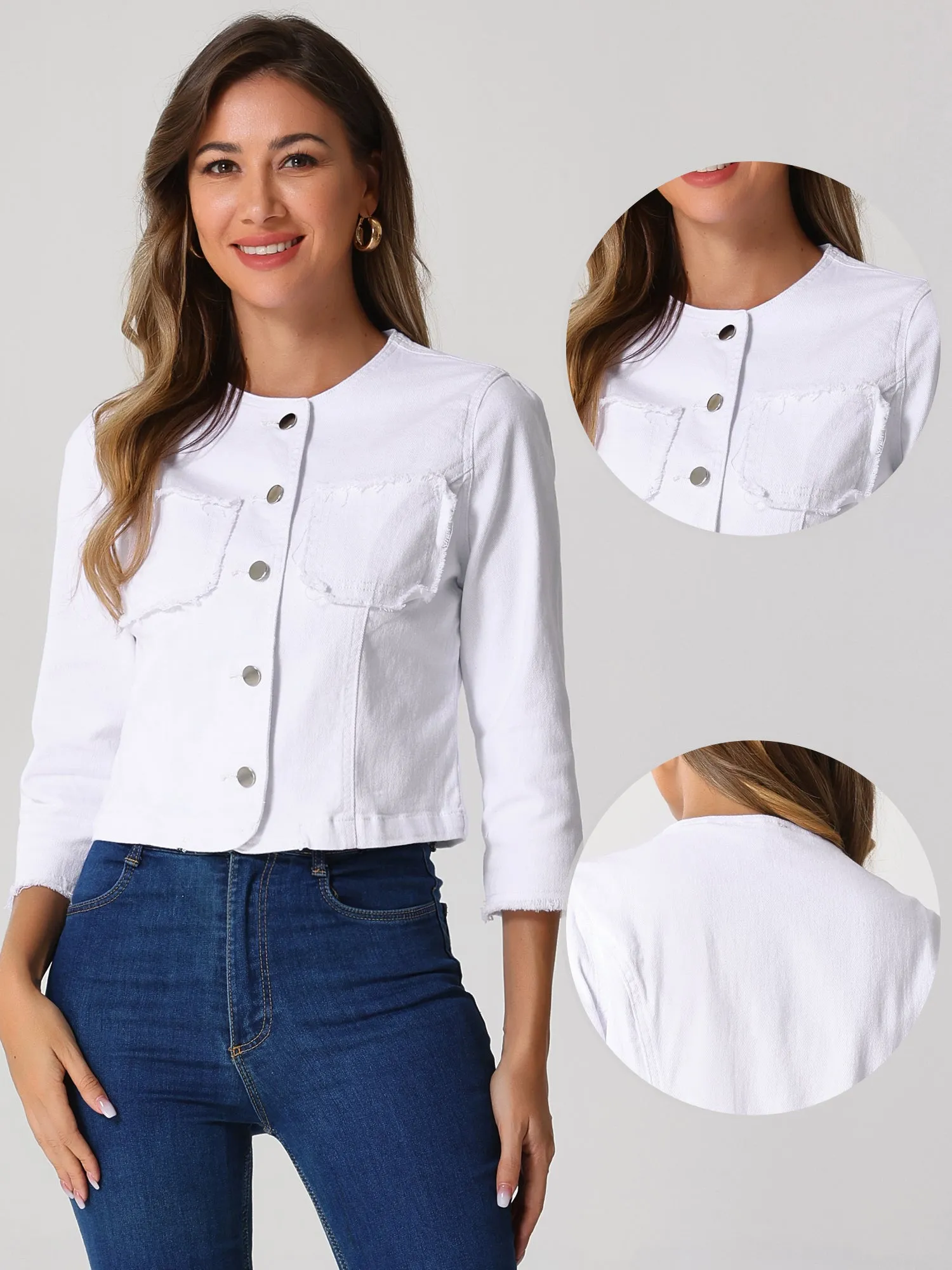 Denim 3/4 Sleeves Frayed Casual Collarless Cropped Jean Jacket