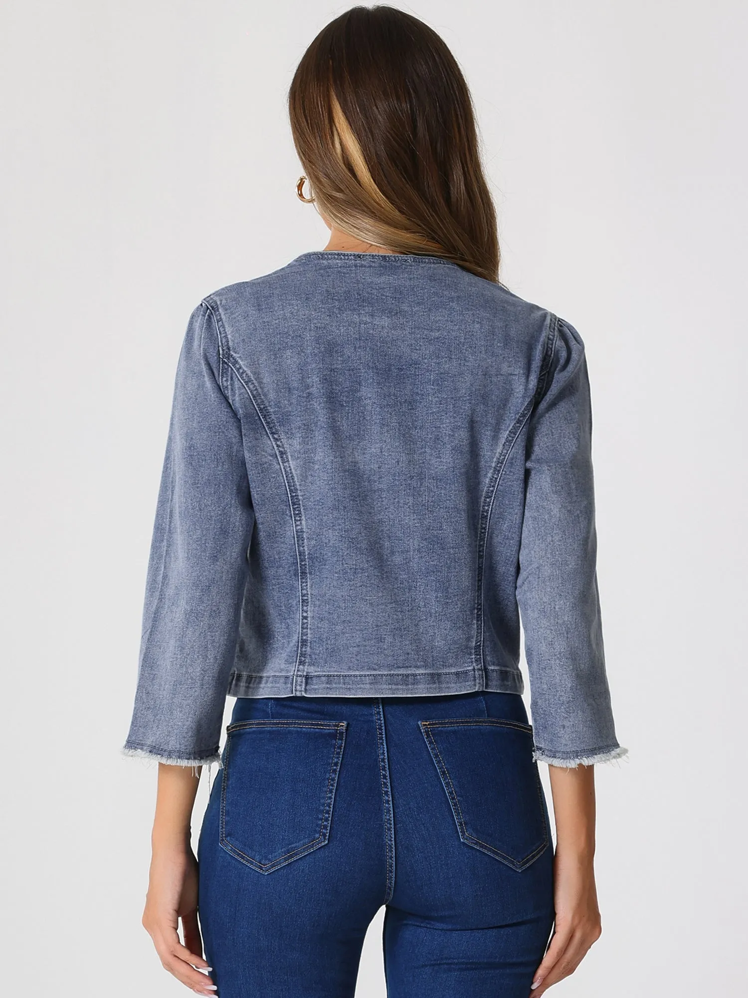 Denim 3/4 Sleeves Frayed Casual Collarless Cropped Jean Jacket