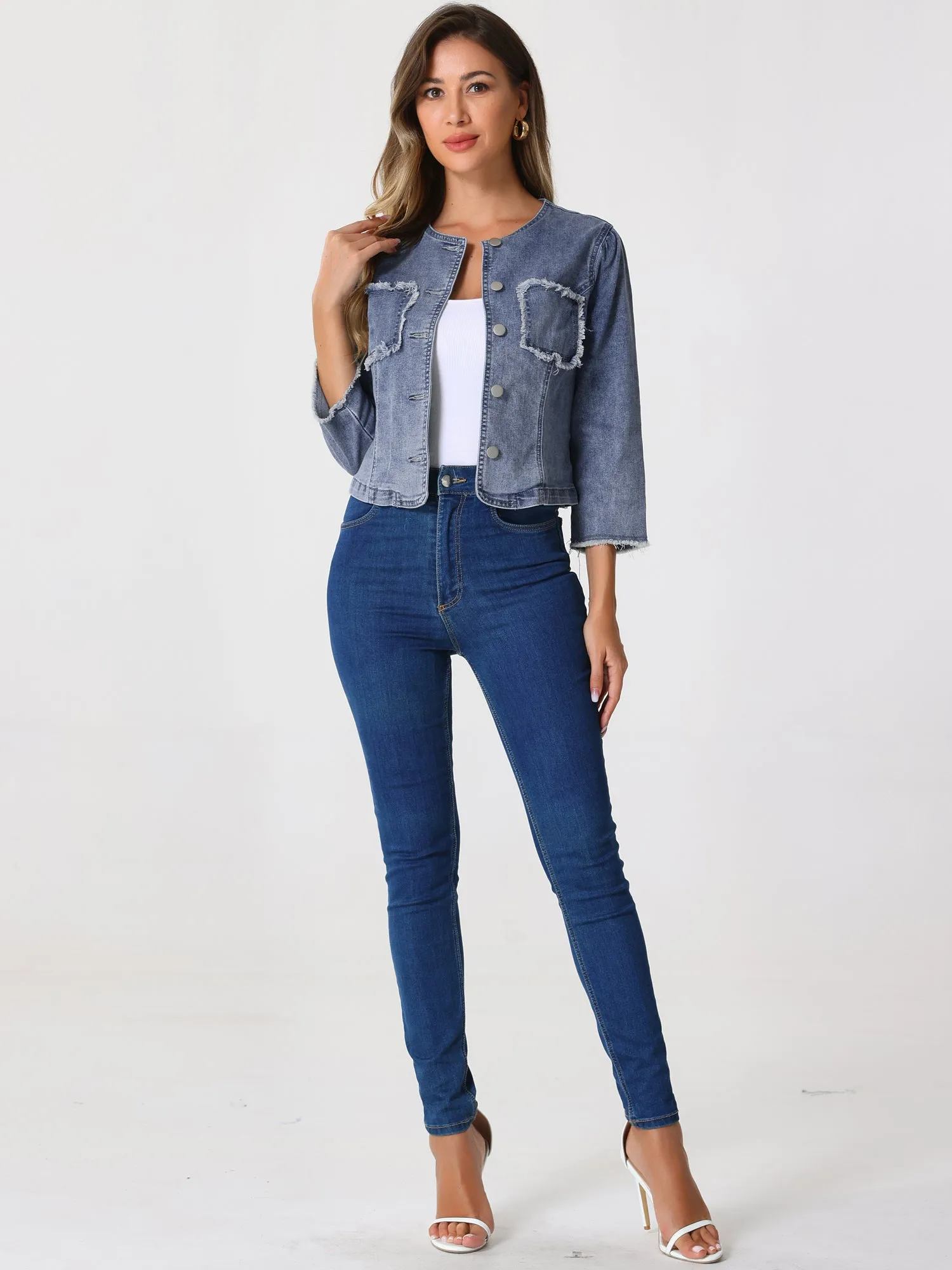Denim 3/4 Sleeves Frayed Casual Collarless Cropped Jean Jacket