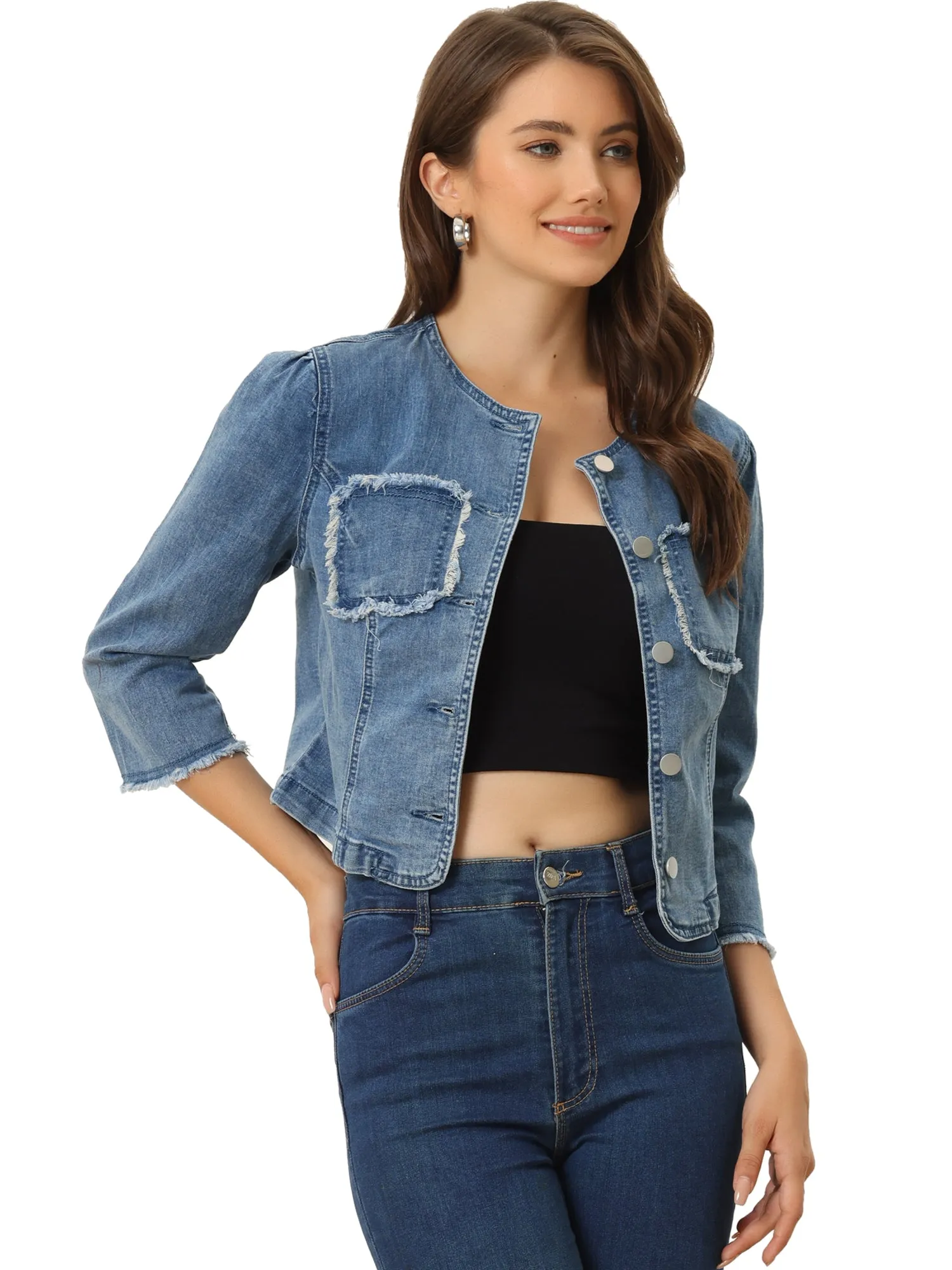Denim 3/4 Sleeves Frayed Casual Collarless Cropped Jean Jacket