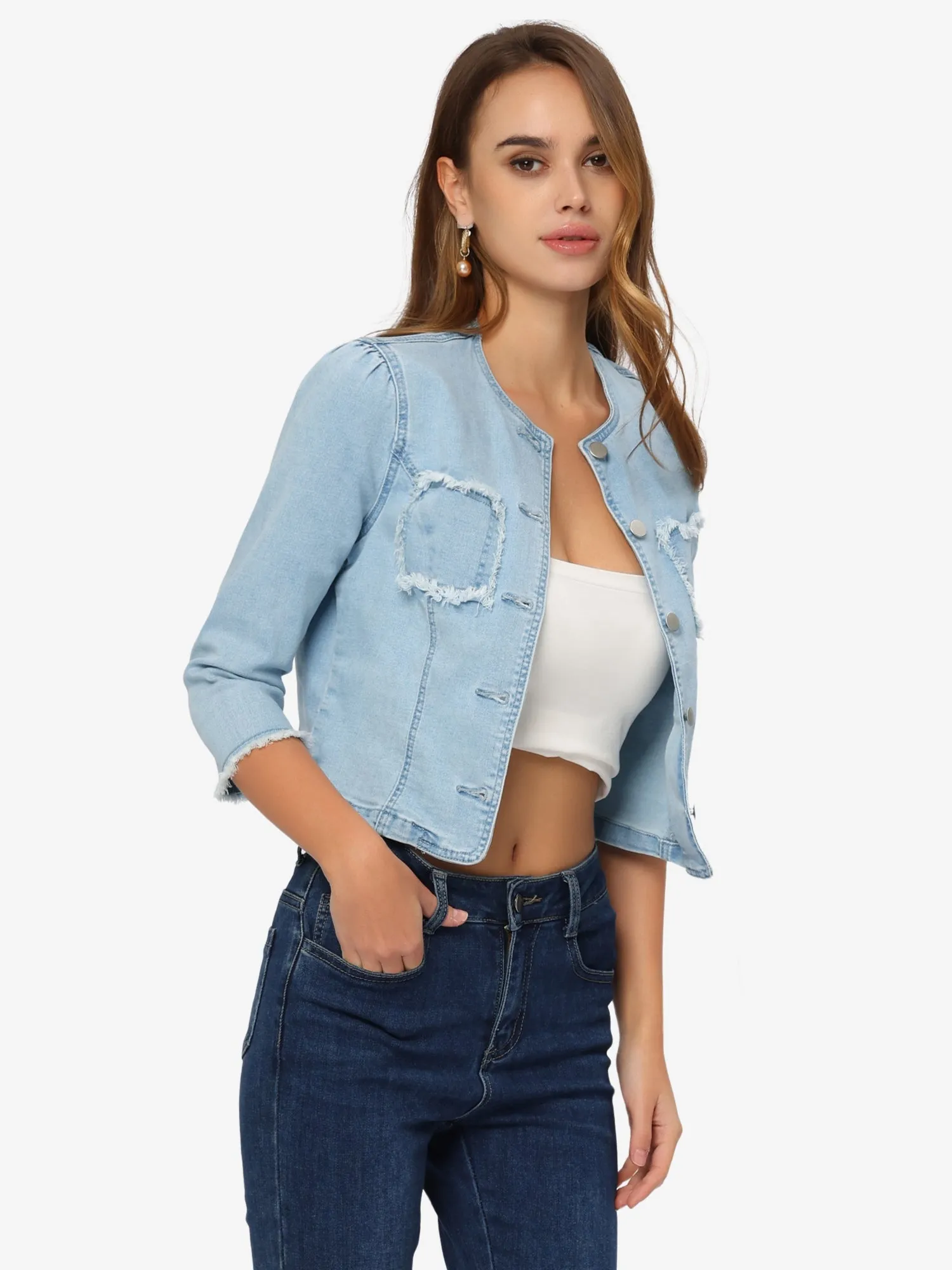 Denim 3/4 Sleeves Frayed Casual Collarless Cropped Jean Jacket