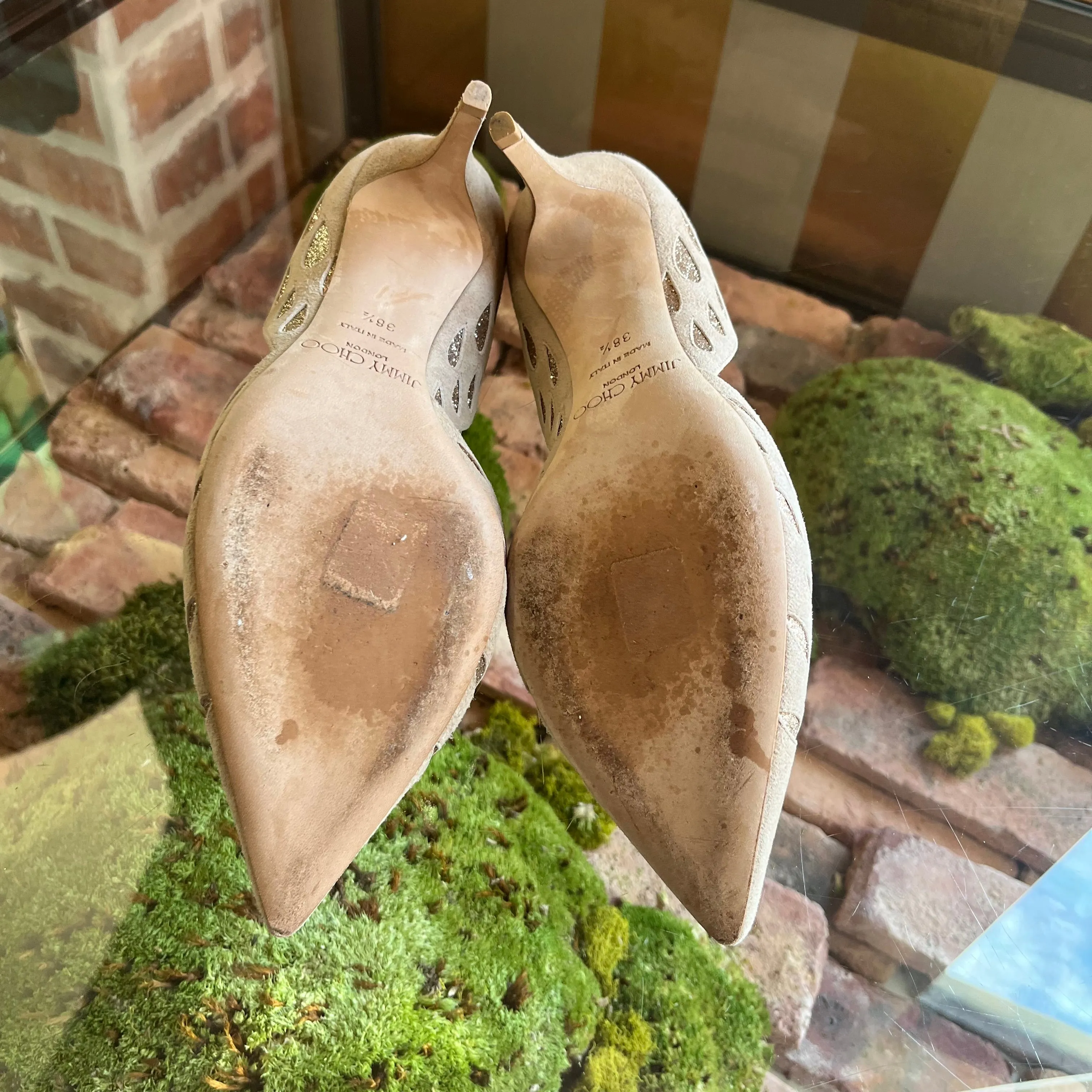 JIMMY CHOO Dorsay Brown Suede Glitter Heels 38.5
