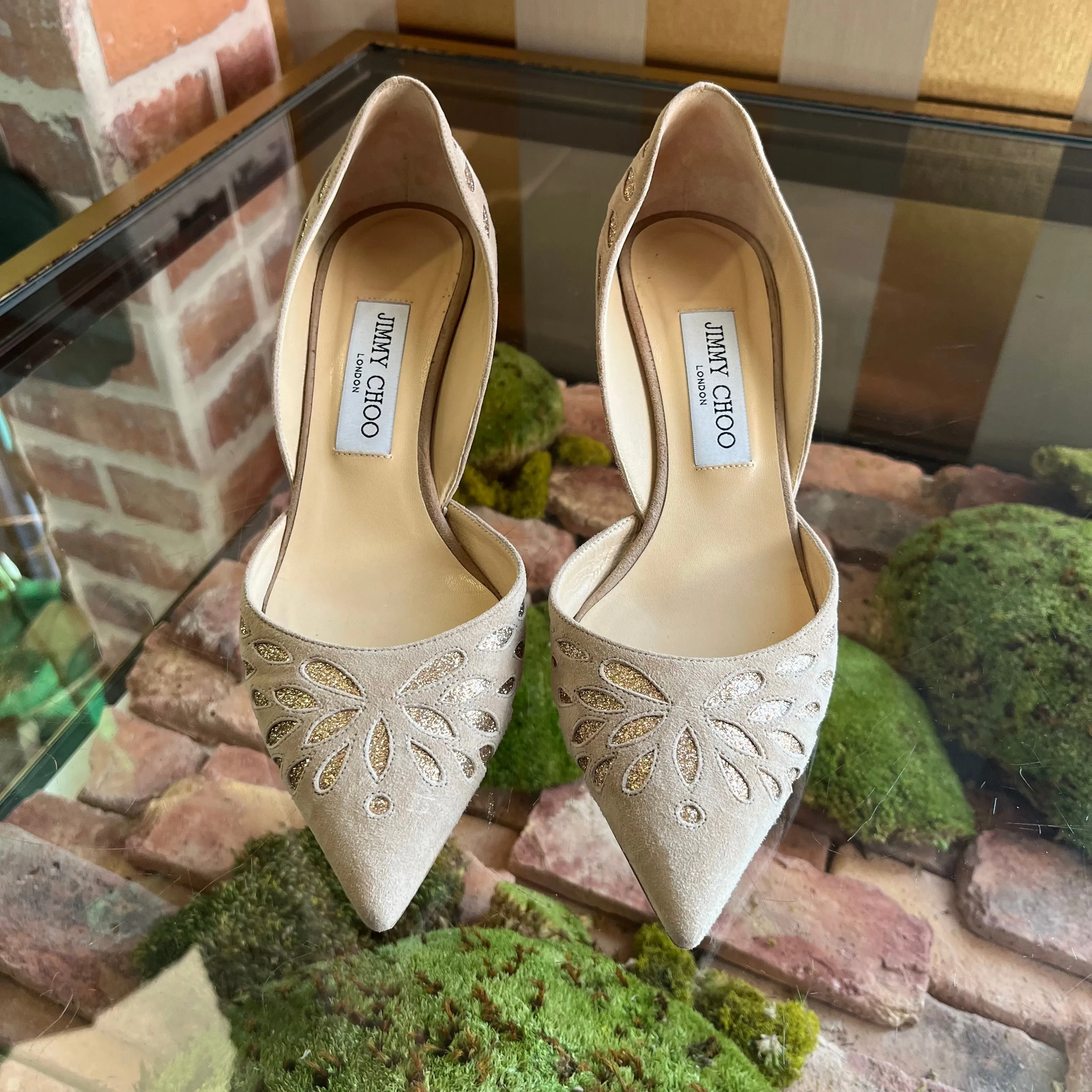 JIMMY CHOO Dorsay Brown Suede Glitter Heels 38.5