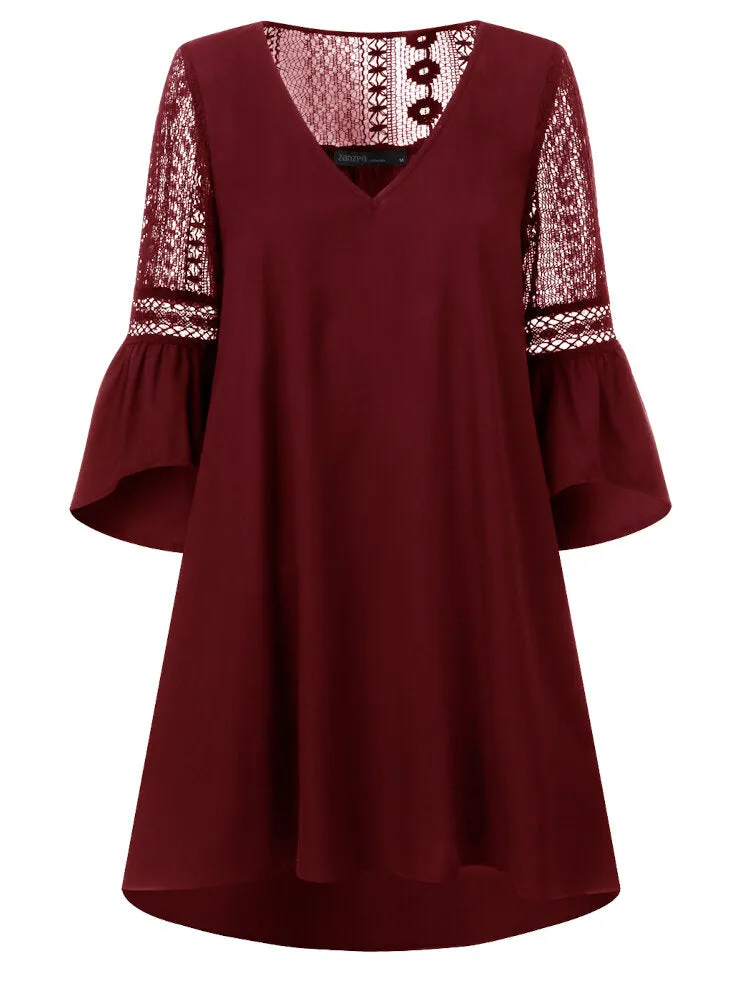 Lace Solid European Style Summer Holiday Loose Sexy Women Mini Dress
