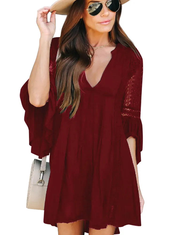 Lace Solid European Style Summer Holiday Loose Sexy Women Mini Dress