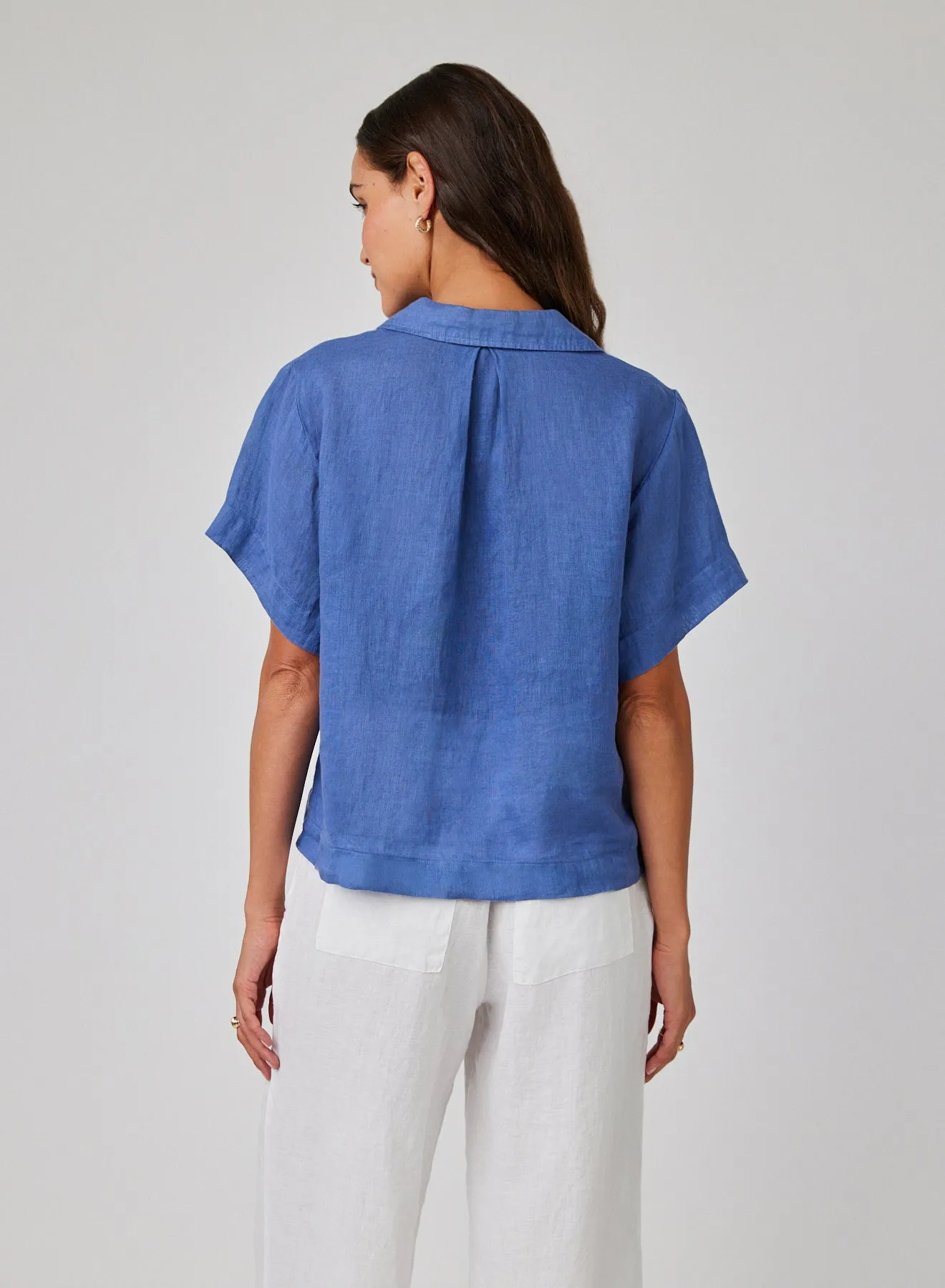Linen Short Sleeve Flowy Button Down - Antique Indigo