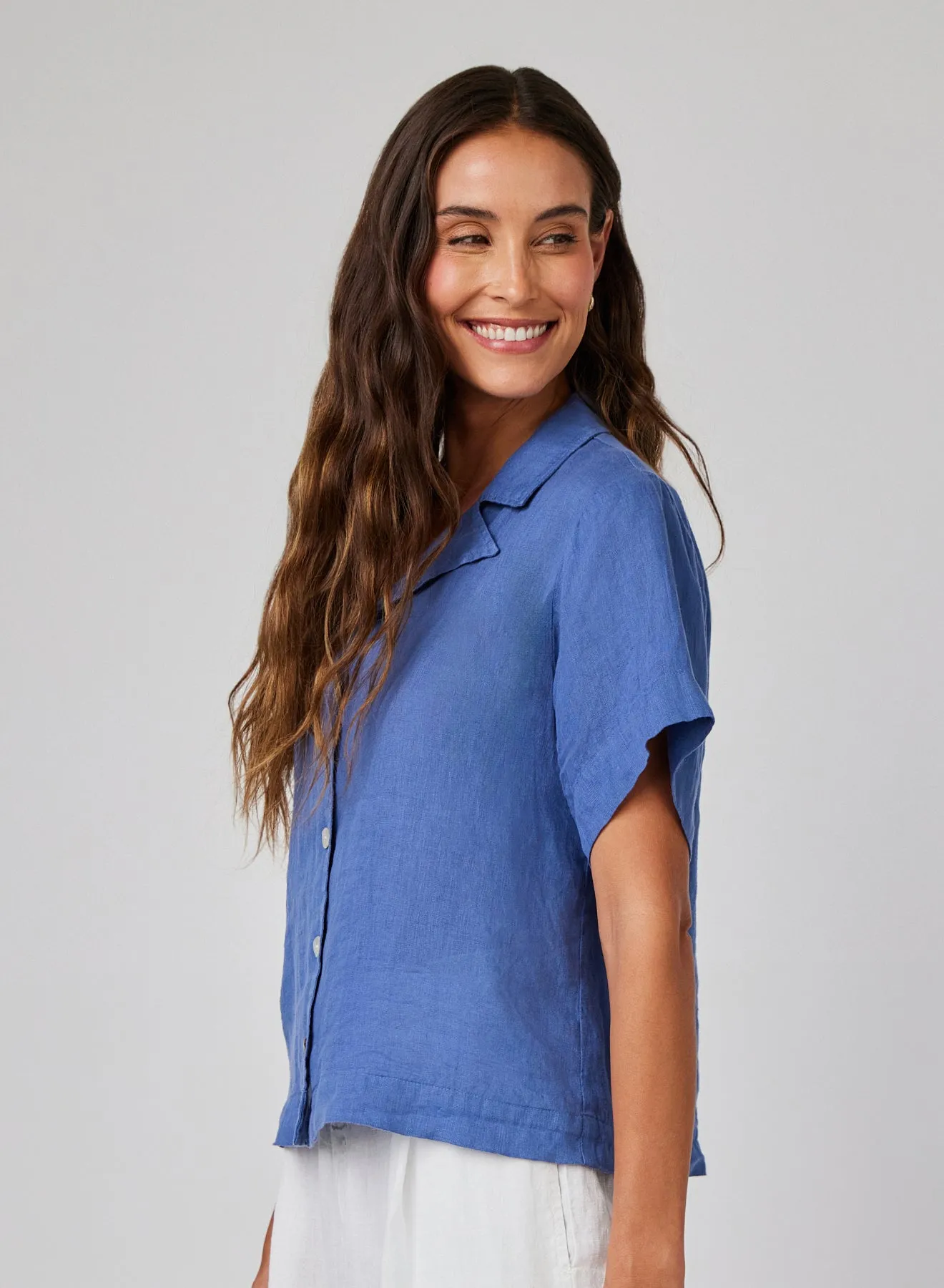 Linen Short Sleeve Flowy Button Down - Antique Indigo