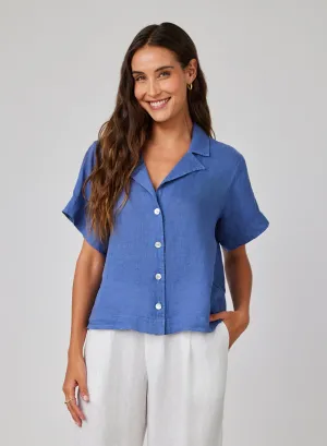 Linen Short Sleeve Flowy Button Down - Antique Indigo
