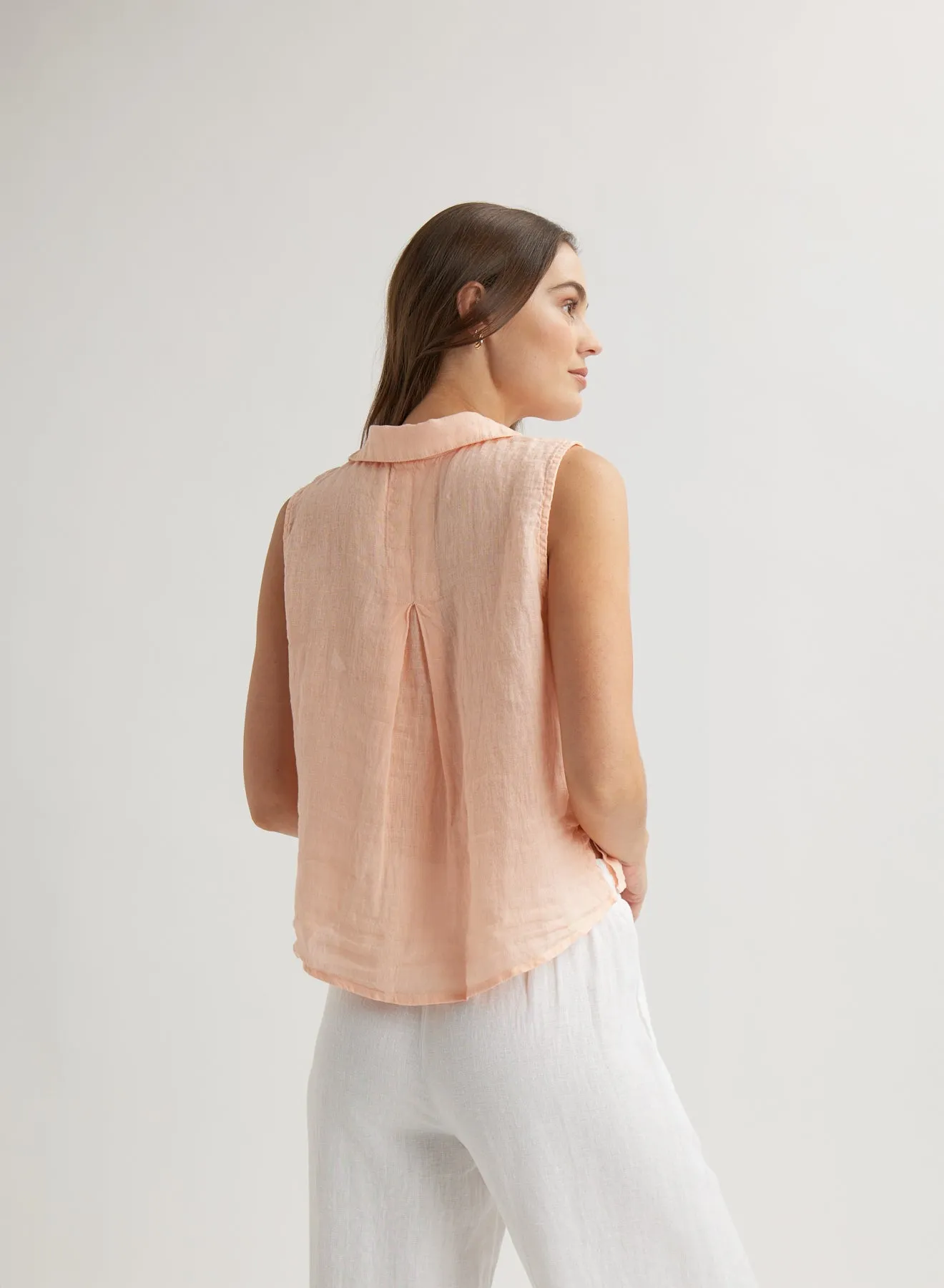 Linen Sleeveless Notch Collar Button Down - Peach Fizz