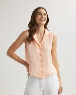 Linen Sleeveless Notch Collar Button Down - Peach Fizz