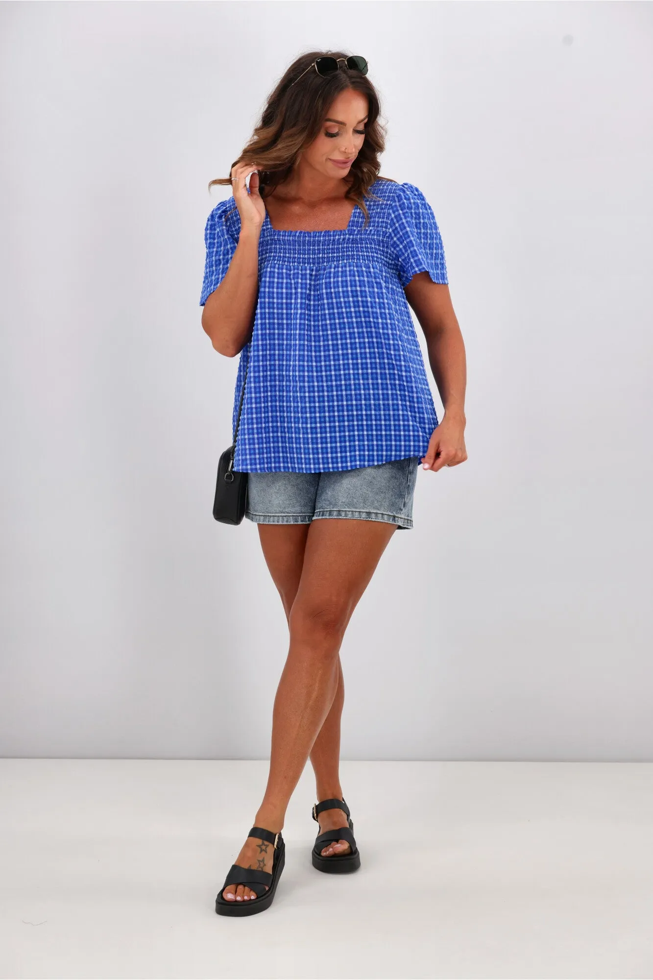 Shine On Label Emmeline Square Neck Shirred Top Blue