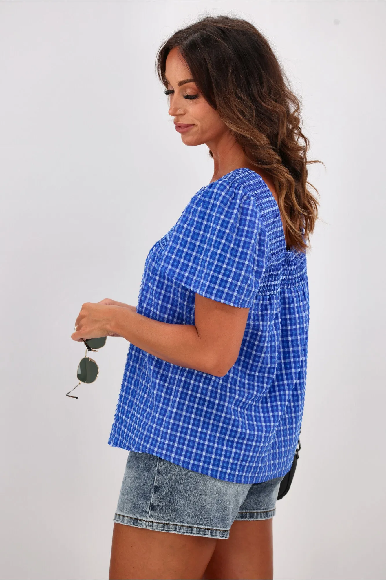 Shine On Label Emmeline Square Neck Shirred Top Blue