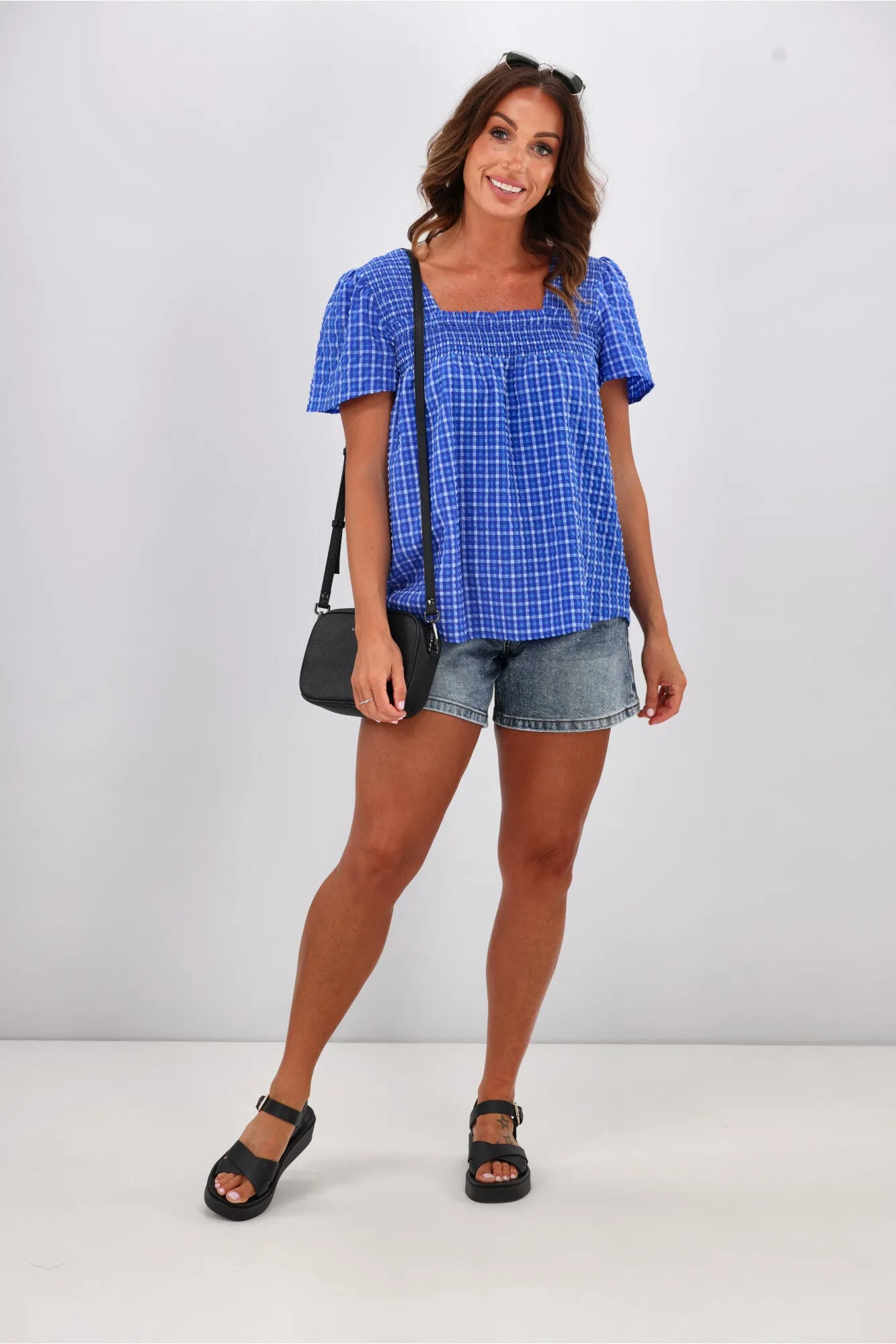 Shine On Label Emmeline Square Neck Shirred Top Blue