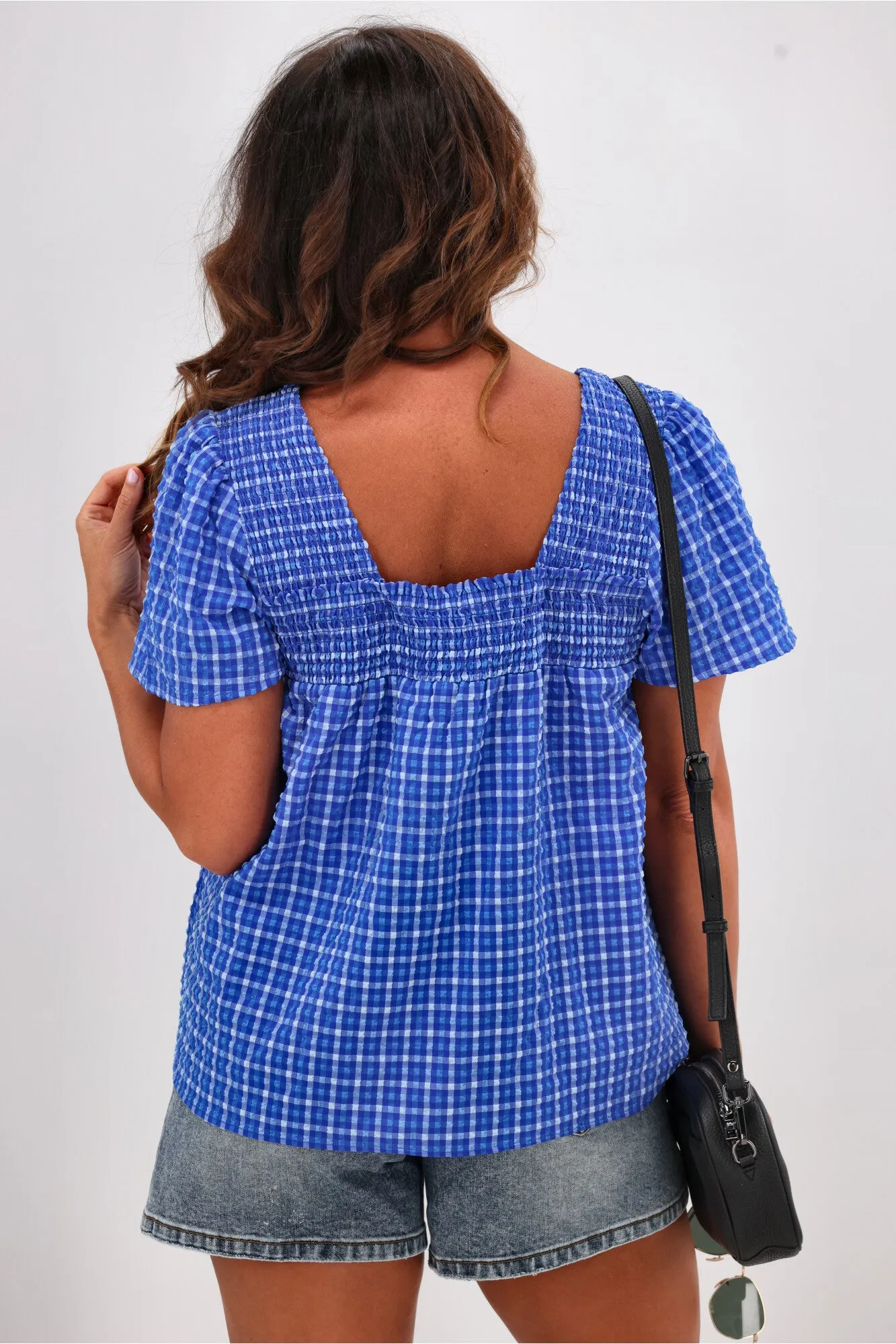 Shine On Label Emmeline Square Neck Shirred Top Blue